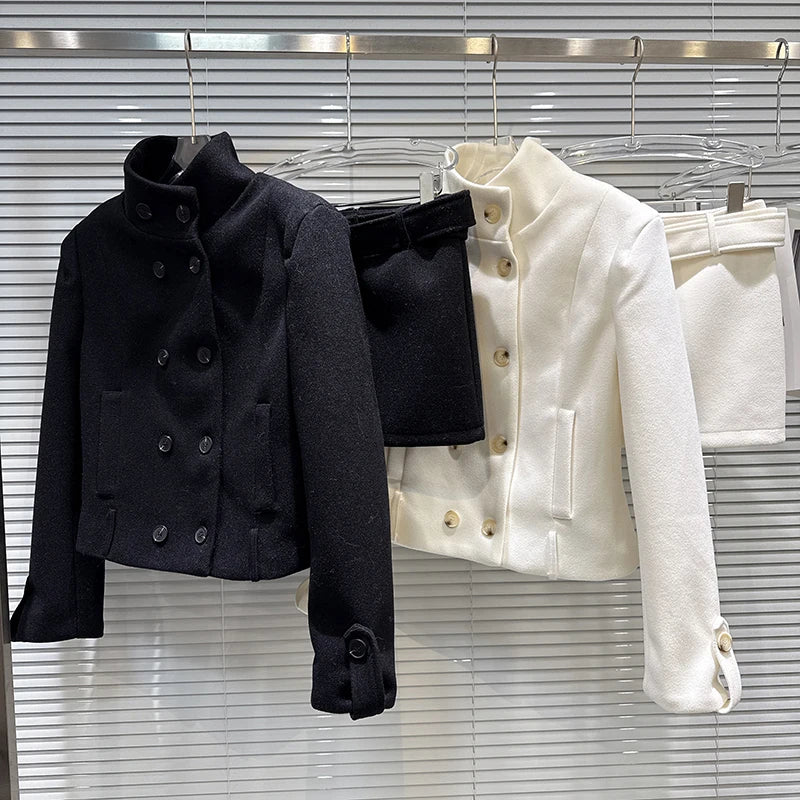 Winter New Style Elegant Double-Breasted Woolen Quilted Stand Collar Coat A-line Short Skirt Set For Women 11A07948