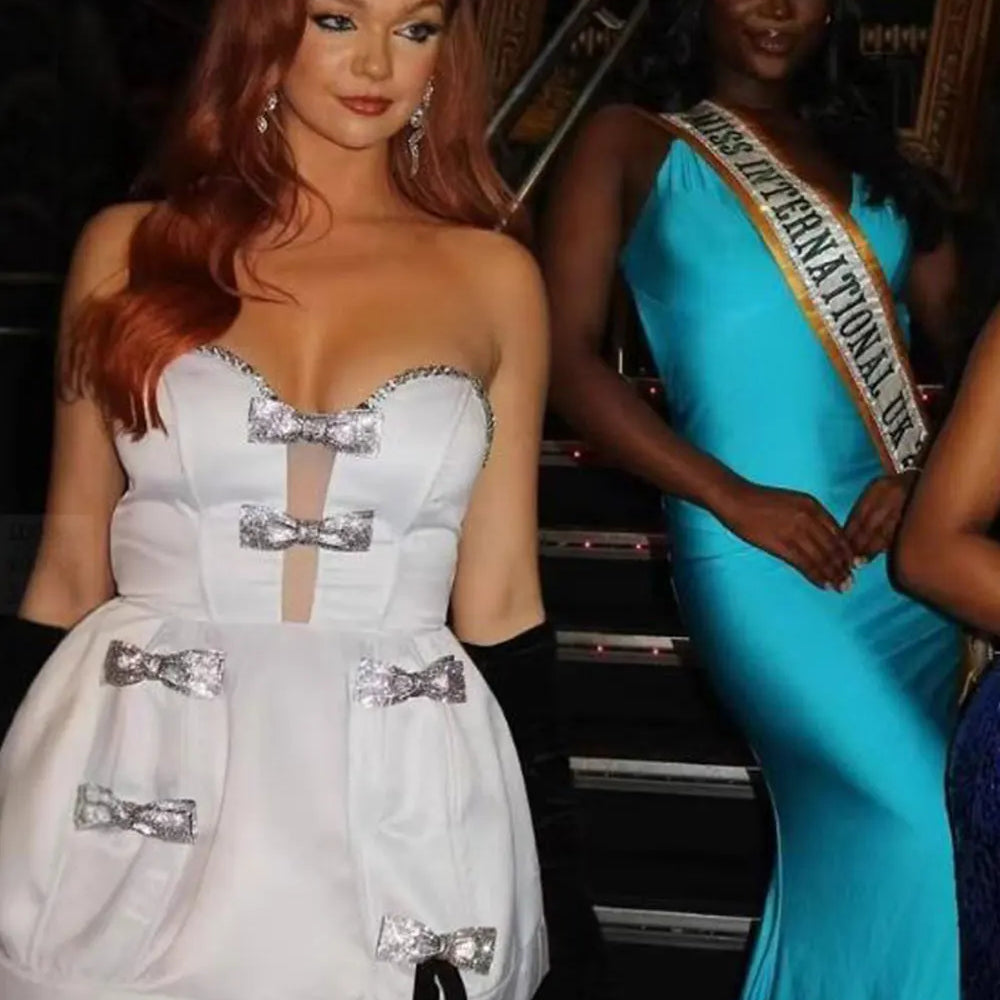 2025 Spring Women's White Puff Dress Strapless Sleeveless Three Dimensional Bow Design A-line Mini Dress Evening Party Vestidos