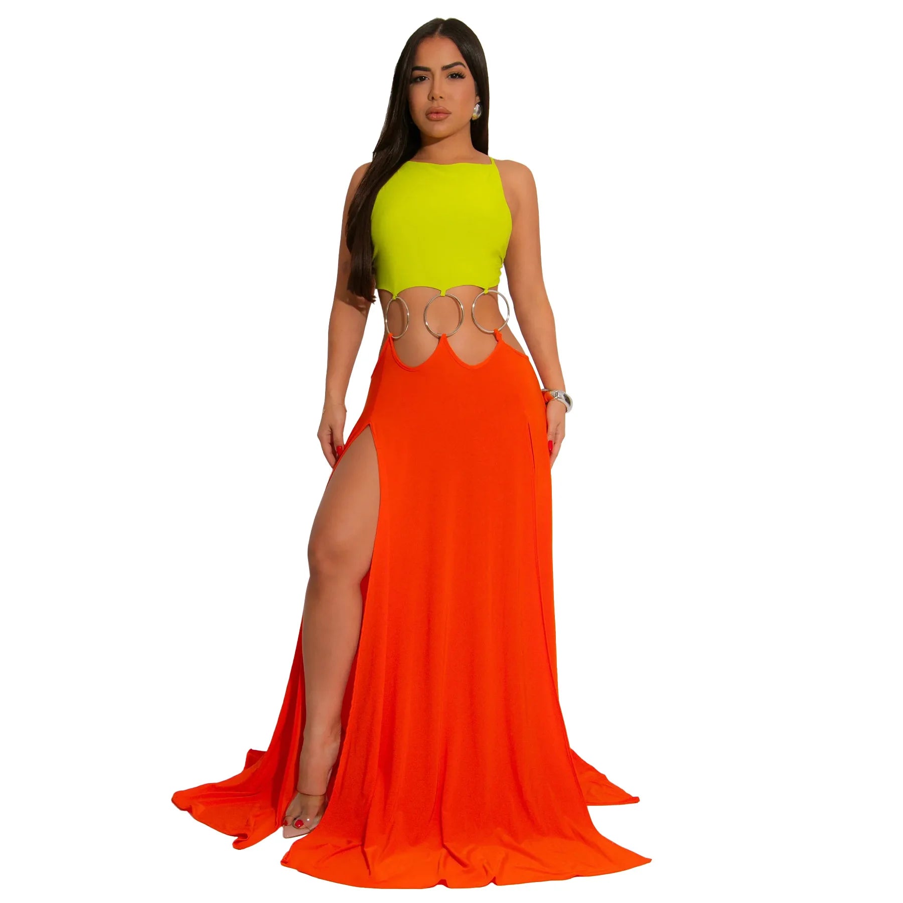 CM.YAYA Women Strap Backless Big Swing Split Maxi Long Dress 2025 Hollow Out Birthday Sexy Club Party Evening Dresses Vestidos Orange