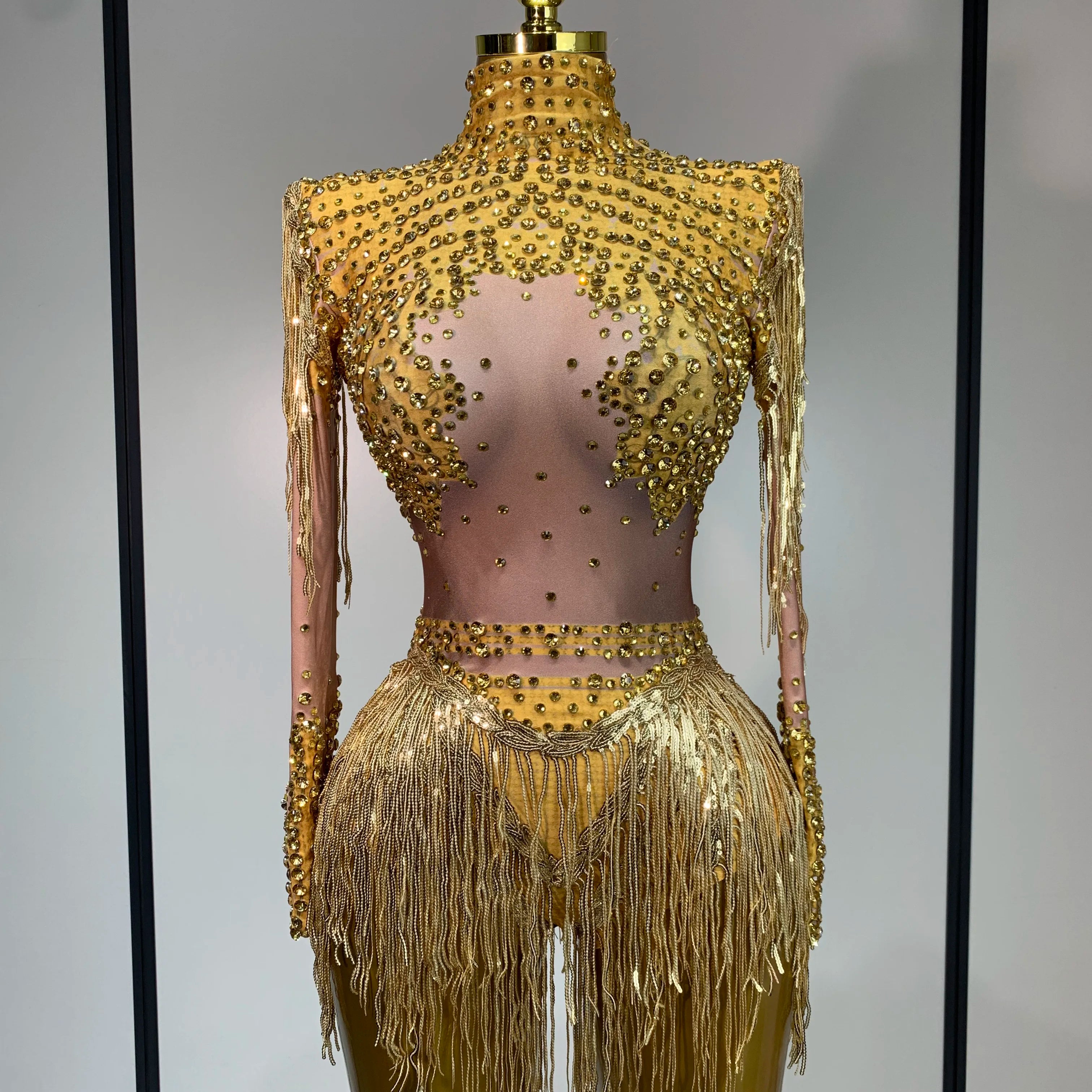 Women Long Sleeve Sexy Stretch Bodycon Shinning Tassels Rhinestones Bodysuit Celebrate Birthday Club Evening Party Stage Outfit Gold