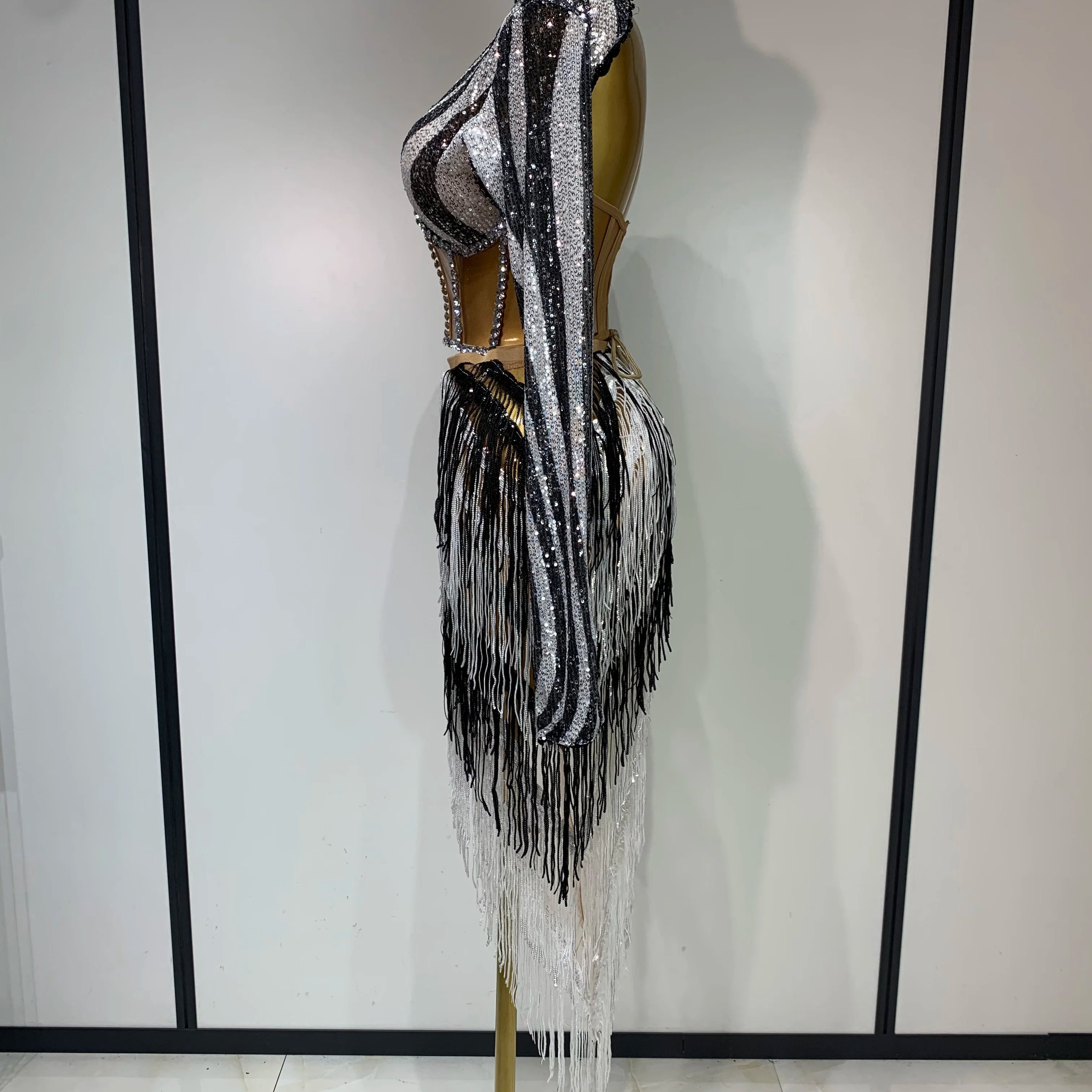 Sparkly Diamond Sequin Tassels Sexy Mesh Long Sleeved Two Piece Set Women Sexy Evening paty Birthday Nightclub Stage Costume