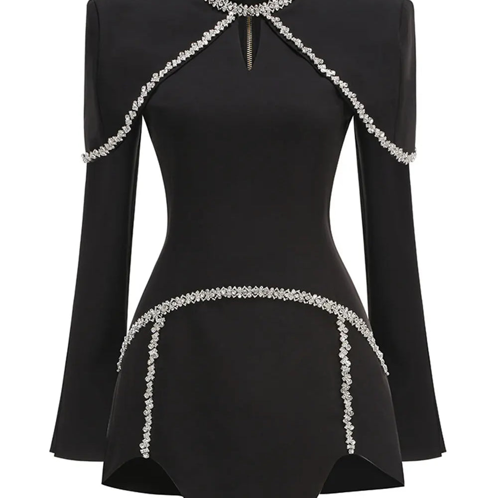 2025 Light Luxury Water Diamond Mini Dress Stand Collar Long Sleeve Bodycon Asymmetric Dress Cocktail Evening Club Party Vestido black