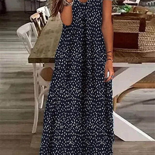 Summer Boho Floral Polka Dot V Neck Long Maxi Dress Elegant Ladies Holiday Beach Loose Retro Sundress Deep Blue