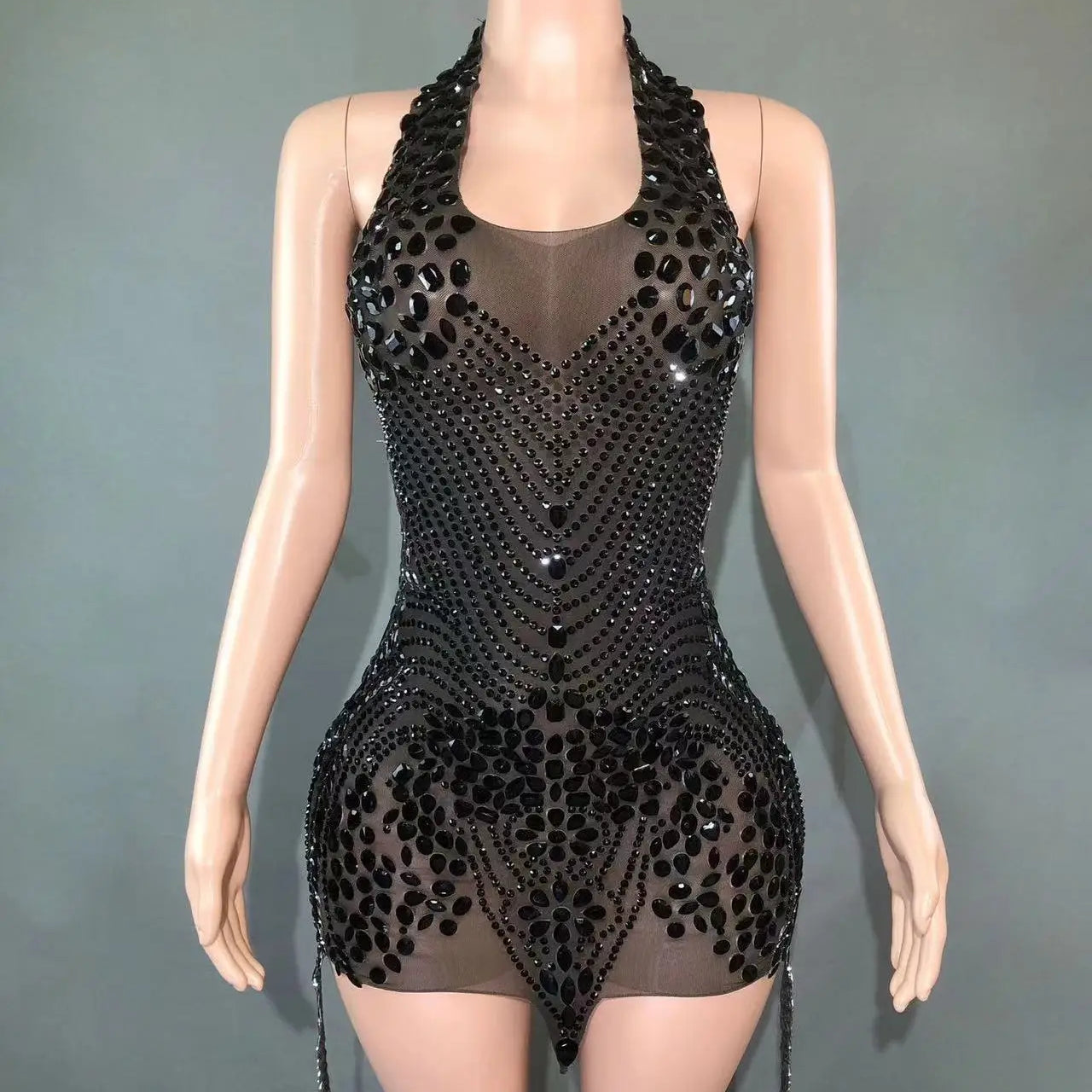 Sparkly Rhinestones Evening Prom Celebrate Birthday Dress Sexy Halter Backless Mesh Velvet Short Dress Performance Stage Wear black