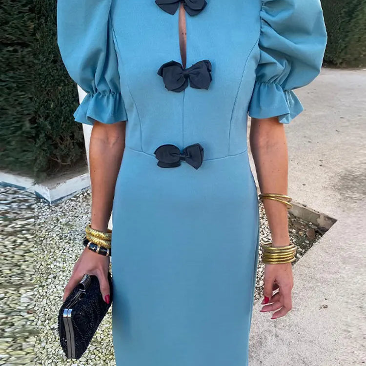 Fashion Short Puff Sleeves Bow Midi Dress For Women Solid Round Neck Slim Fit Dresses Elegant Party Club Vestidos
