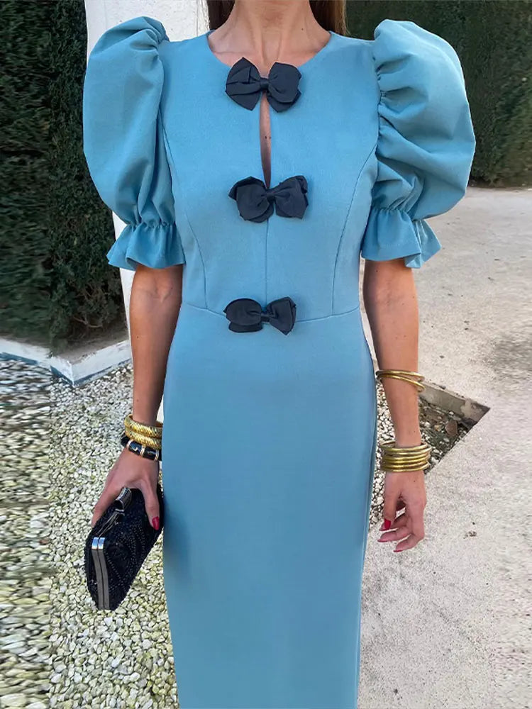Fashion Short Puff Sleeves Bow Midi Dress For Women Solid Round Neck Slim Fit Dresses Elegant Party Club Vestidos