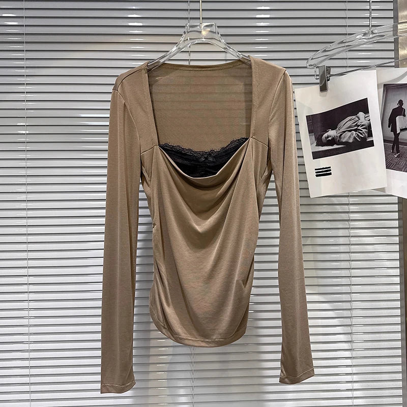 Winter New Niche Design Square Neck Lace Edge Design Long Sleeve Base T-Shirt For Women Slim Fit Top Female 11A07699 Brown