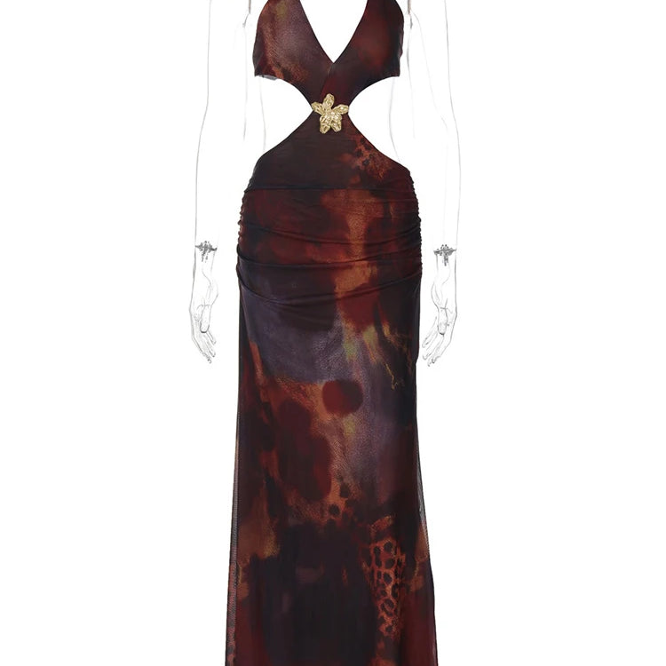 Halter Deep V Neck Print Sexy Maxi Dress For Women Gown Summer New Hollow Out Sleeveless Backless Beach Long Dress