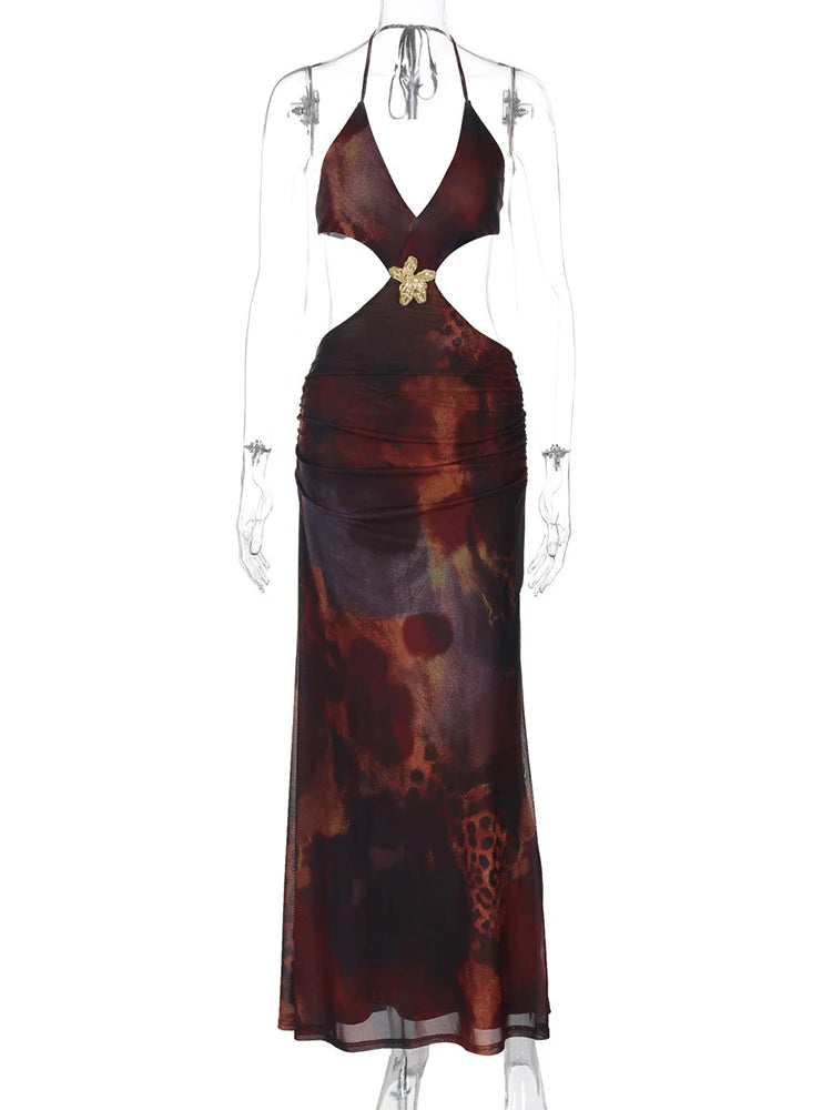 Halter Deep V Neck Print Sexy Maxi Dress For Women Gown Summer New Hollow Out Sleeveless Backless Beach Long Dress