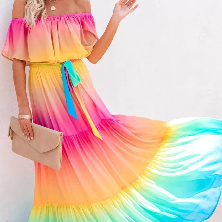 Multicolored Bohemian Ruffled Off Shoulder Self Belted Party Dress Cotton Tunic Women Boho Maxi Dresses Vestidos A324