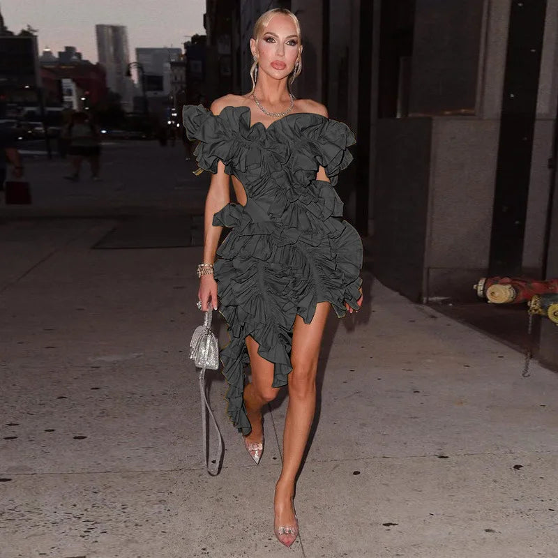 Women Edible Tree Fungus Tierred High Low Asymmetrical Ball Gown Dress 2023 Sexy Club Party Evening High Street Dresses black