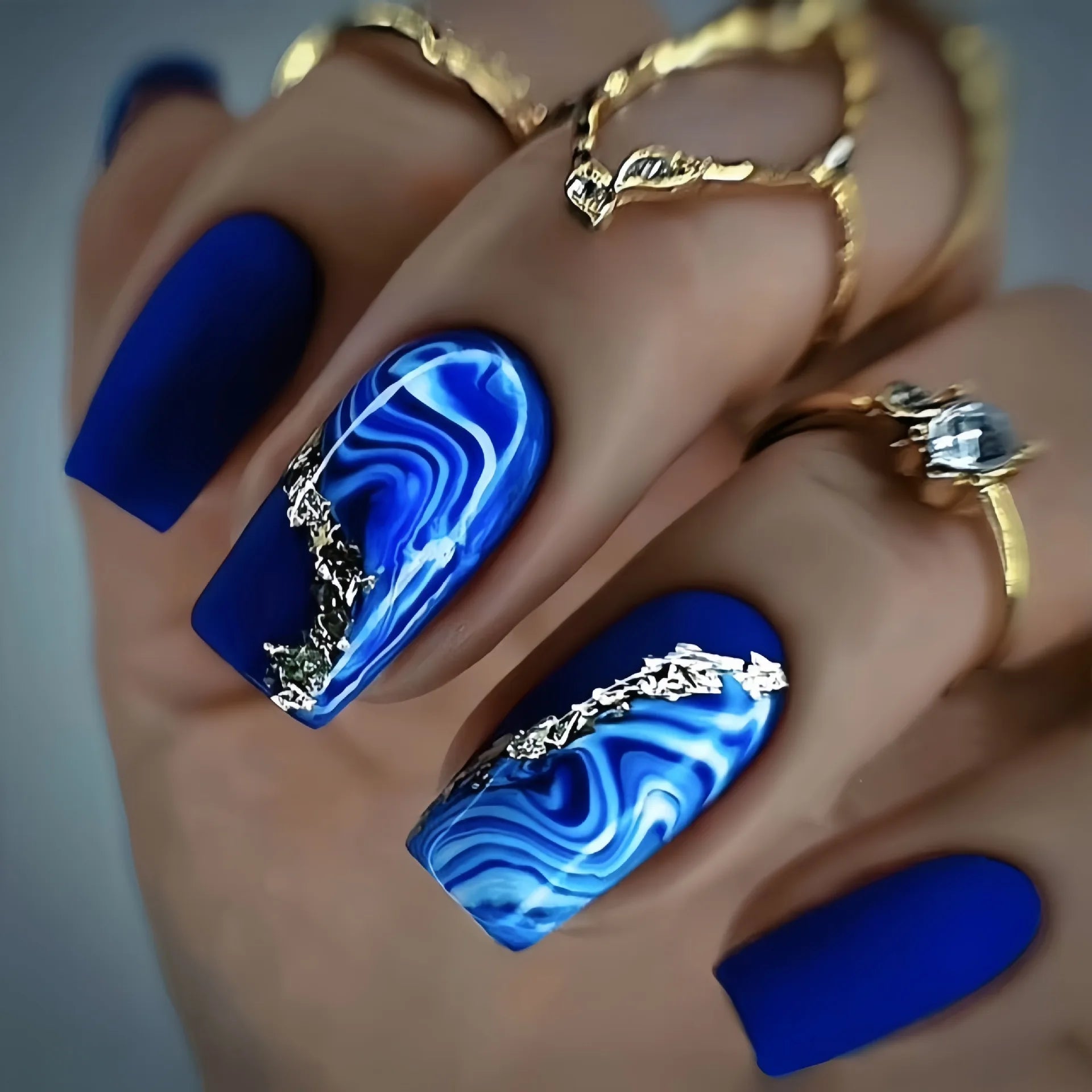 24pcs/set short Medium quare Glossy Ballerina Fake Nails jellyfish blue sea wave flowers geometric design press on false nails 1535