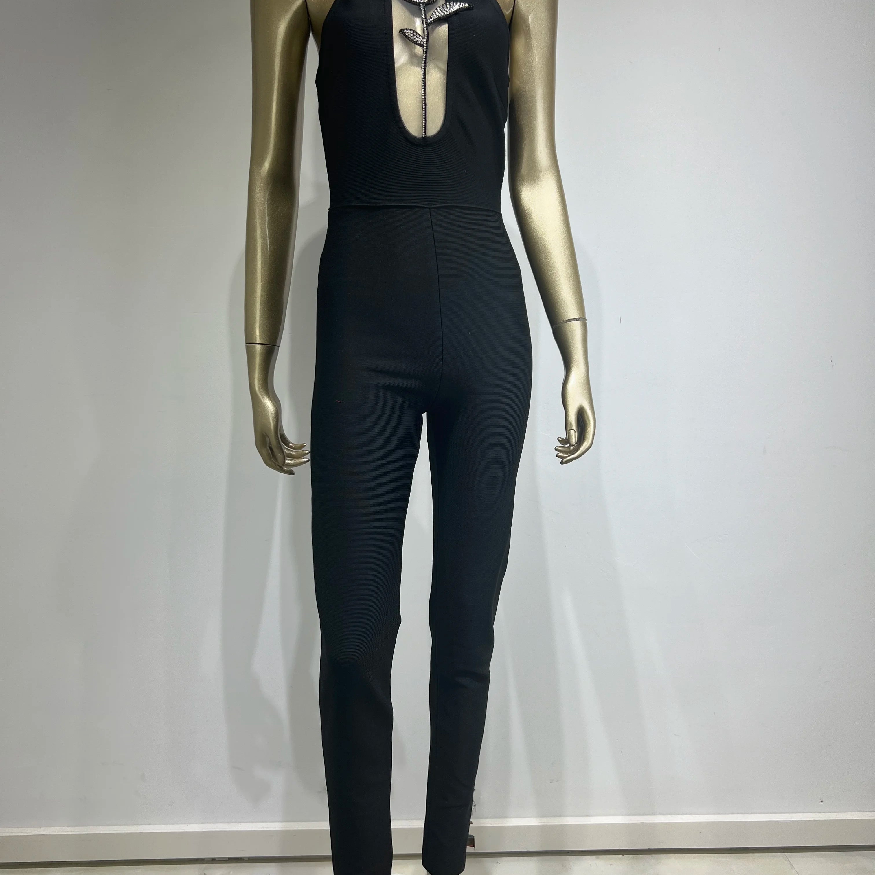 Women Luxury Sexy Sleeveless Mesh Diamonds Flower Black Bodycon Bandage Jumpsuit 2024 Celebrity Designer High Street Rompers