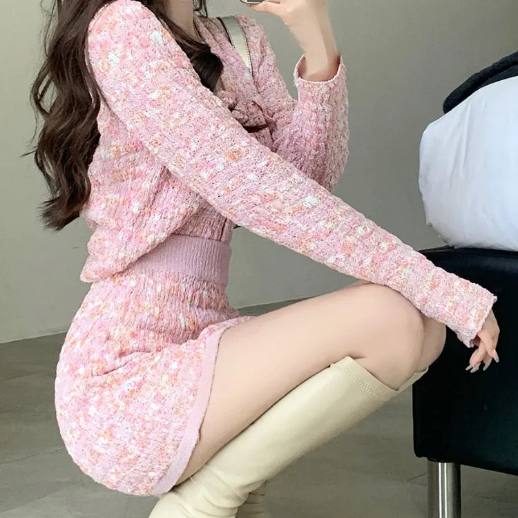 Two Piece Dress Set Sweet Cardigan Sweater + Slim Skirt Pink Elegant Y2k Mini Dress 2022 Autumn Office Lady Casual Knitted Suits