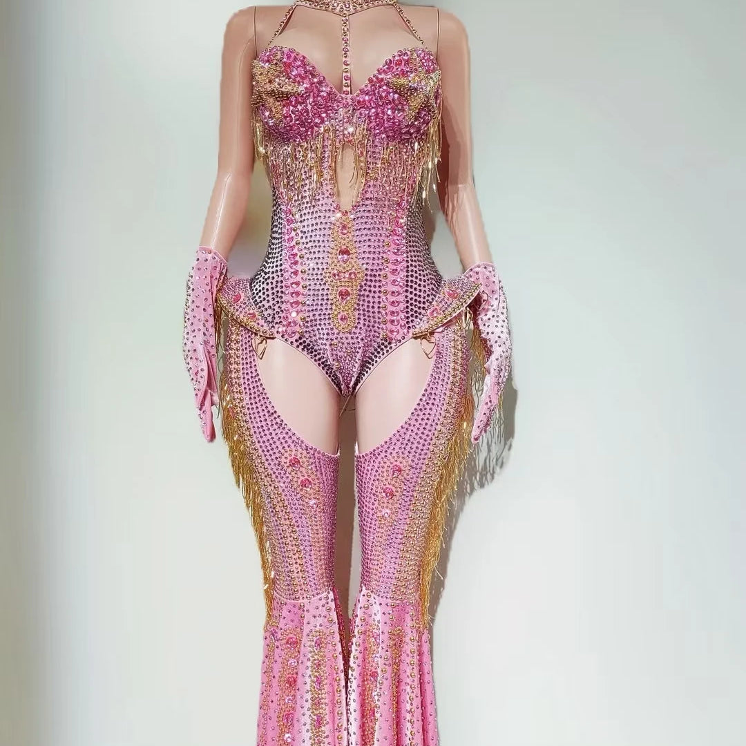 Sparkly Rhinestone Tassel Luxury Bodysuit 4Piece Set Cowboy Night Out Party Outfit Stage Show Jumpsuit Carnival Wear Hongding