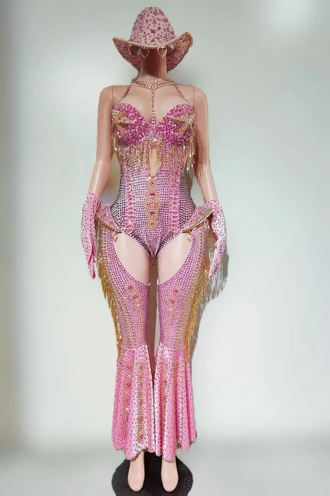 Sparkly Rhinestone Tassel Luxury Bodysuit 4Piece Set Cowboy Night Out Party Outfit Stage Show Jumpsuit Carnival Wear Hongding