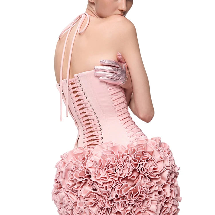 Dreamy Adorable Pastel Pink Two-Piece Set Dress Halter Corset Top and Ruffled Mini Skirt for Trendy Occasions Evening Gown