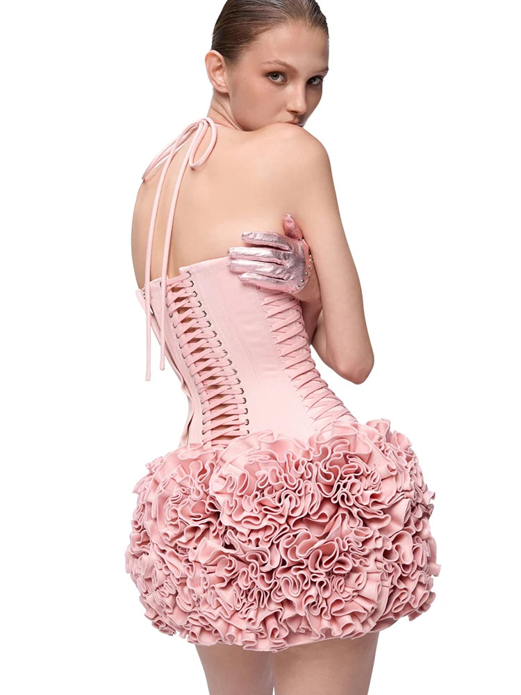 Dreamy Adorable Pastel Pink Two-Piece Set Dress Halter Corset Top and Ruffled Mini Skirt for Trendy Occasions Evening Gown