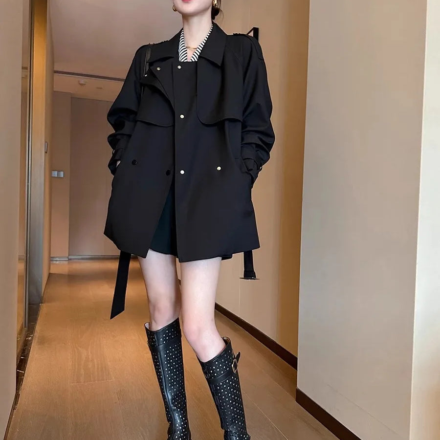 Lautaro Spring Autumn Black Trench Coat for Women Belt Double Breasted Elegant Stylish Chic Luxury Designer Clothes Fashion 2025
