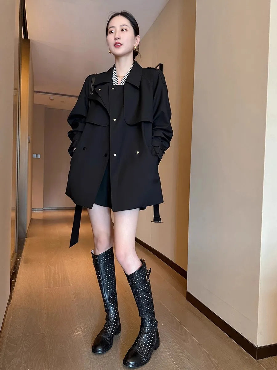 Lautaro Spring Autumn Black Trench Coat for Women Belt Double Breasted Elegant Stylish Chic Luxury Designer Clothes Fashion 2025