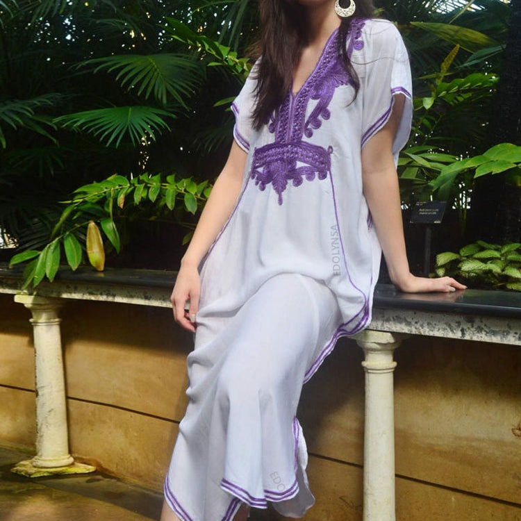 Vintage Embroidery Kaftan Sexy V-neck Batwing Sleeve High Waist Maxi Dress Tunic Women Clothing Summer Beach Dresses Q660 White One Size
