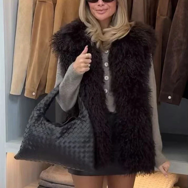 TFMLN New Fur Vest For Women Solid Color Sleeveless Waistcoat Jacket Long Faux Fur Winter Thick Fur Fashion Lady Vest Coat
