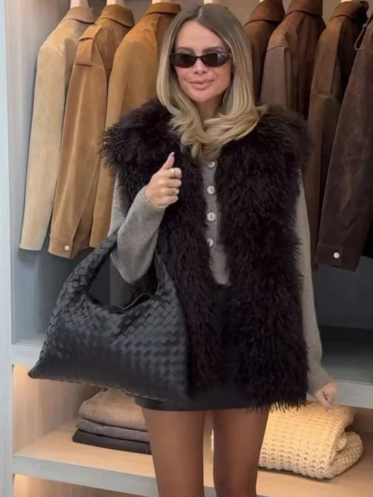 TFMLN New Fur Vest For Women Solid Color Sleeveless Waistcoat Jacket Long Faux Fur Winter Thick Fur Fashion Lady Vest Coat