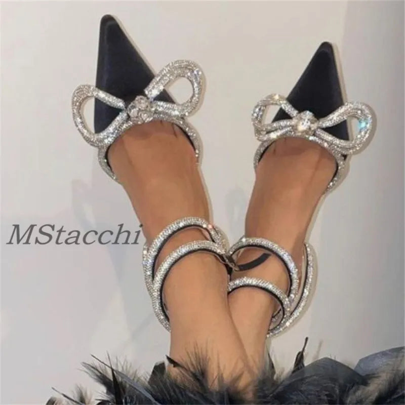Glitter Rhinestones Women Pumps Crystal Bowknot Satin Sandals 2025 Summer Transparent Shoes High Heels Party Prom Designer Shoes Black
