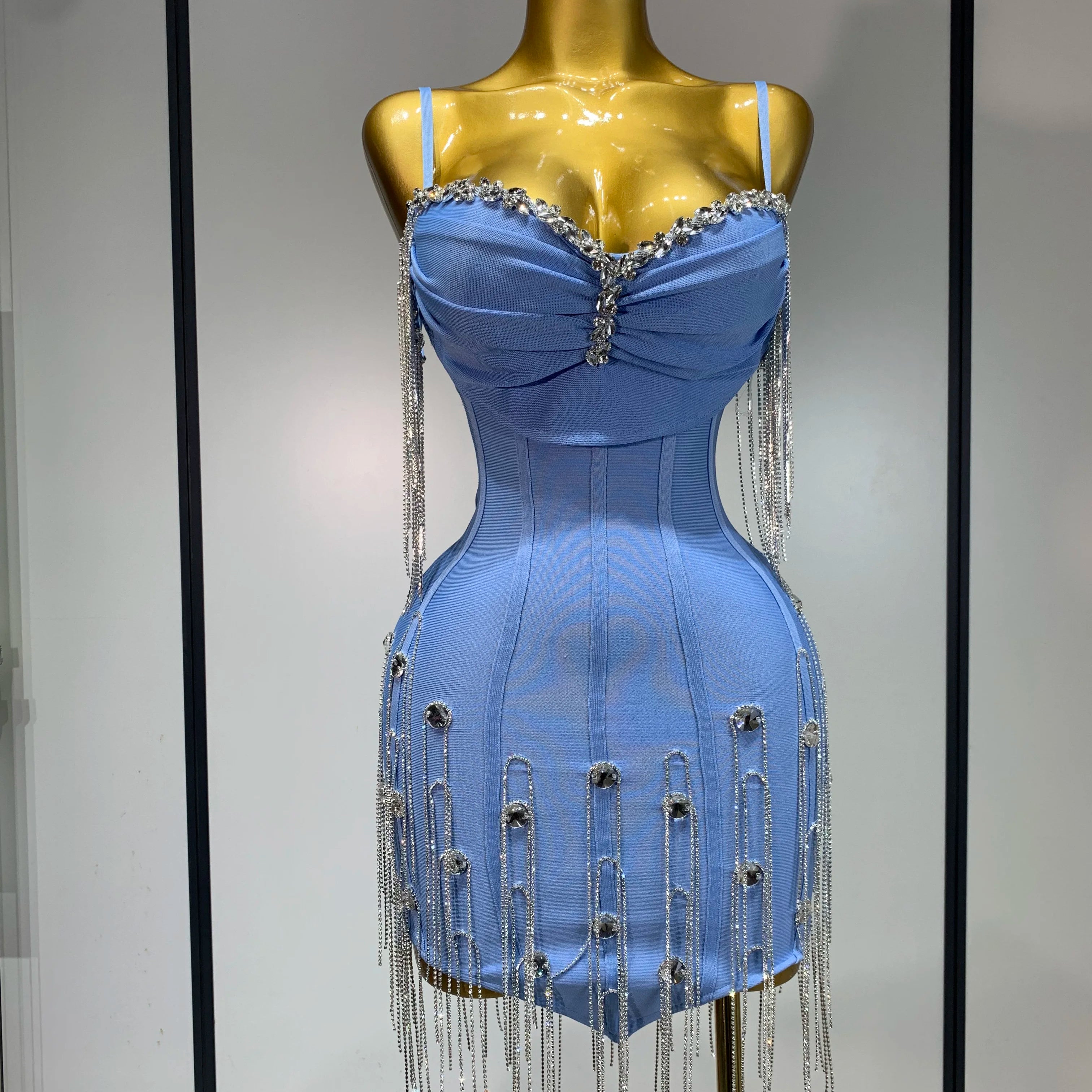 Women Sexy Backless Spaghetti Strap Bodycon Black Sleeveless Bandage Dress Elegant Prom Gown Club Evening Party Birthday Dresses SKY BLUE