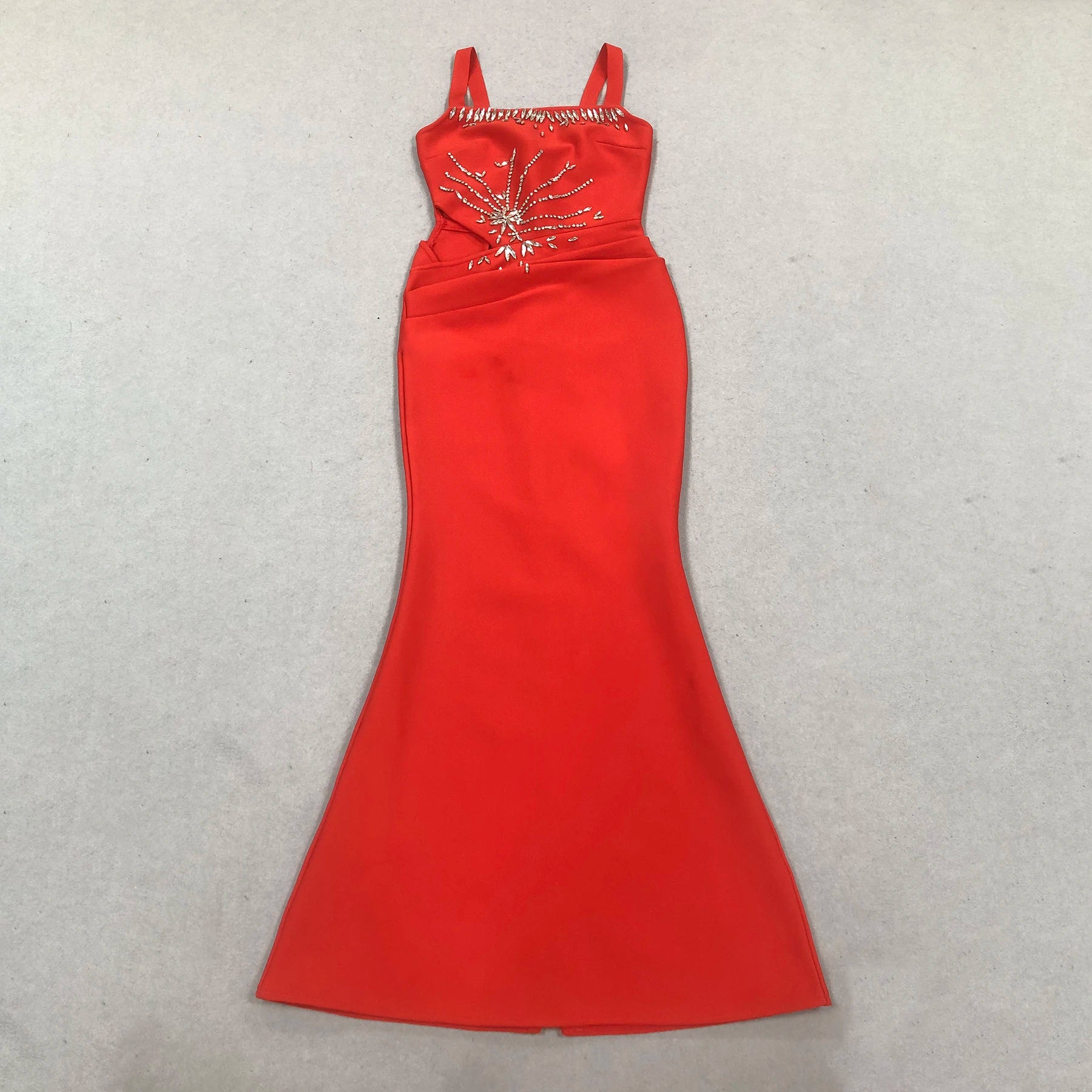 Red Color Women Sleeveless Sexy Square Collar Shinning Diamond Bodycon Long Bandage Dress Celebrate Evening Party Wedding Outfit
