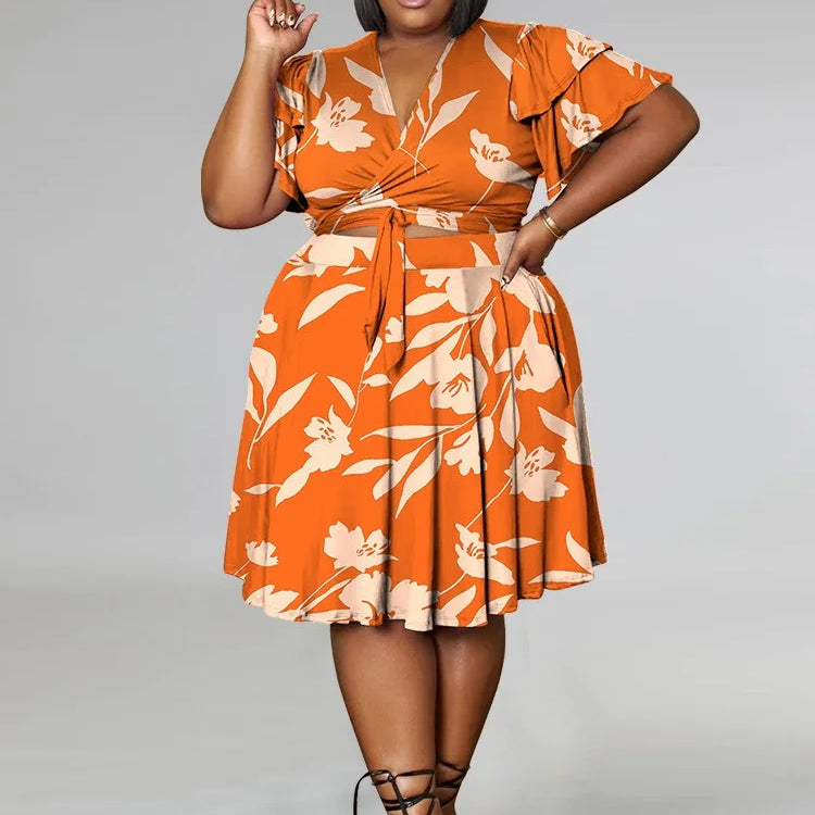 Wmstar Plus Size Shorts Sets Casual V Neck Crop Top and Short Skirts Two Piece Women Matching Outfits Wholesale Dropshipping