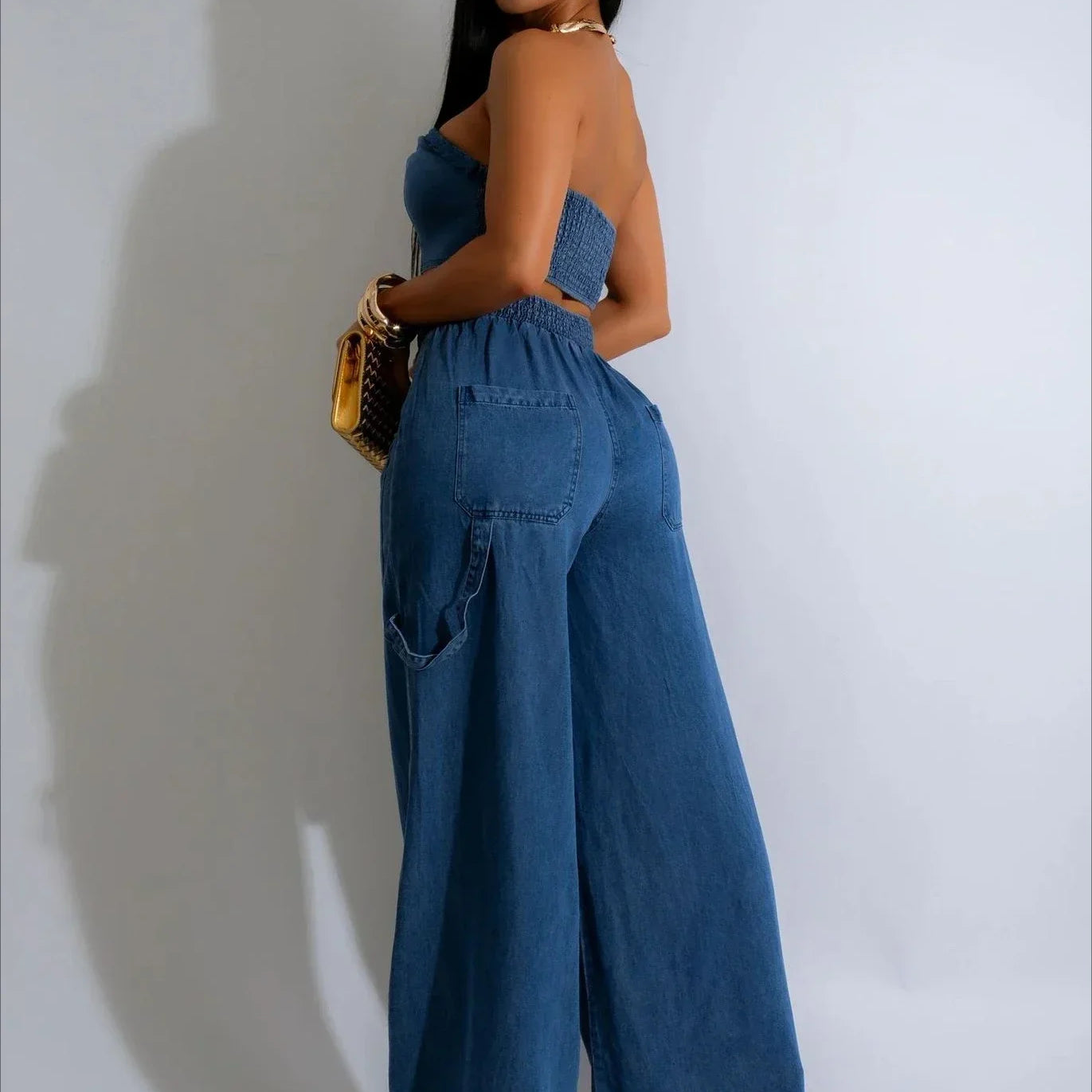 Fashion Denim Women's Set Strapless Crop Top and Wide Leg Jeans Pants Suit 2024 Street Two 2 Piece Sets Outfit Tracksuit