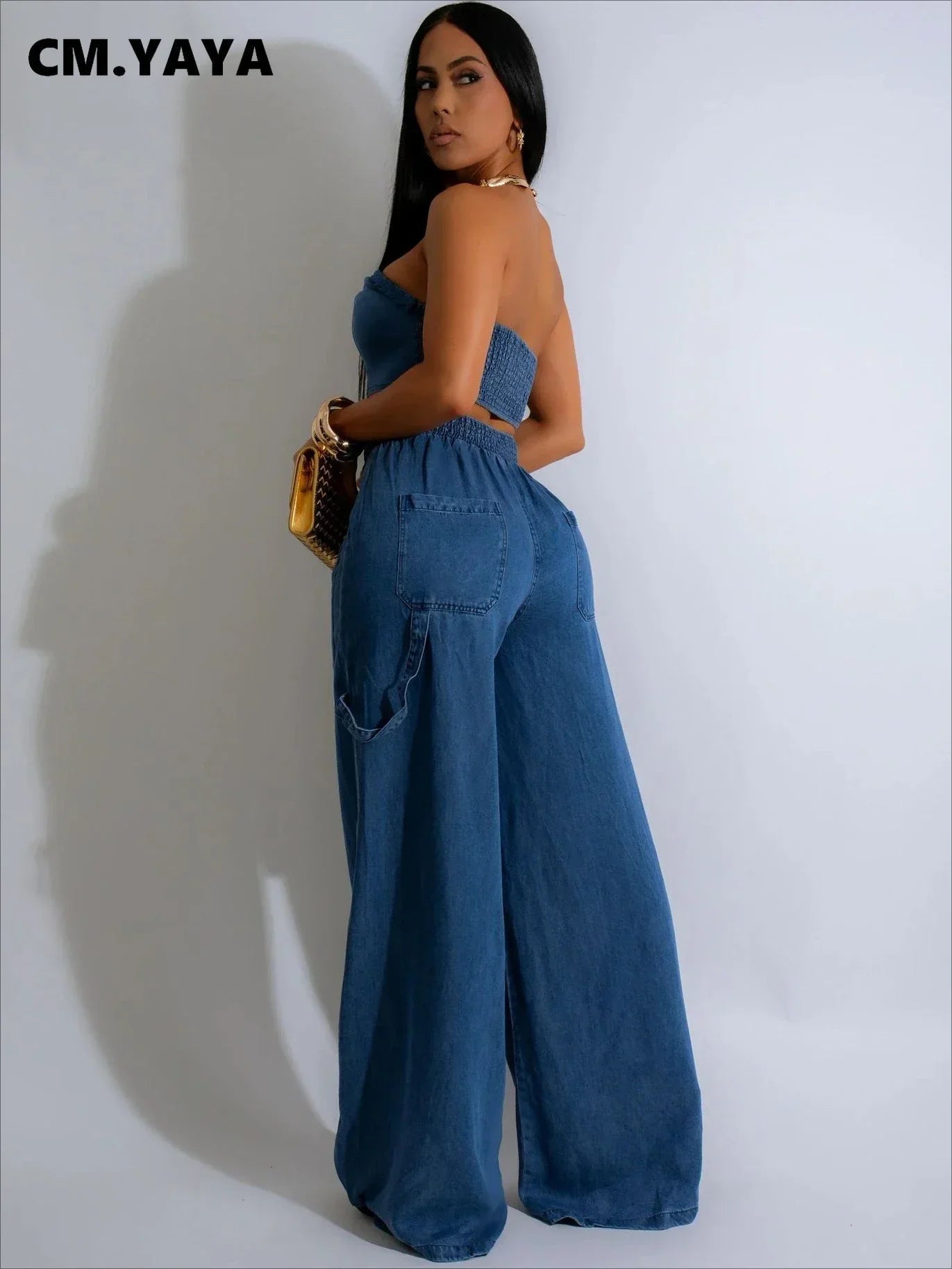 Fashion Denim Women's Set Strapless Crop Top and Wide Leg Jeans Pants Suit 2024 Street Two 2 Piece Sets Outfit Tracksuit