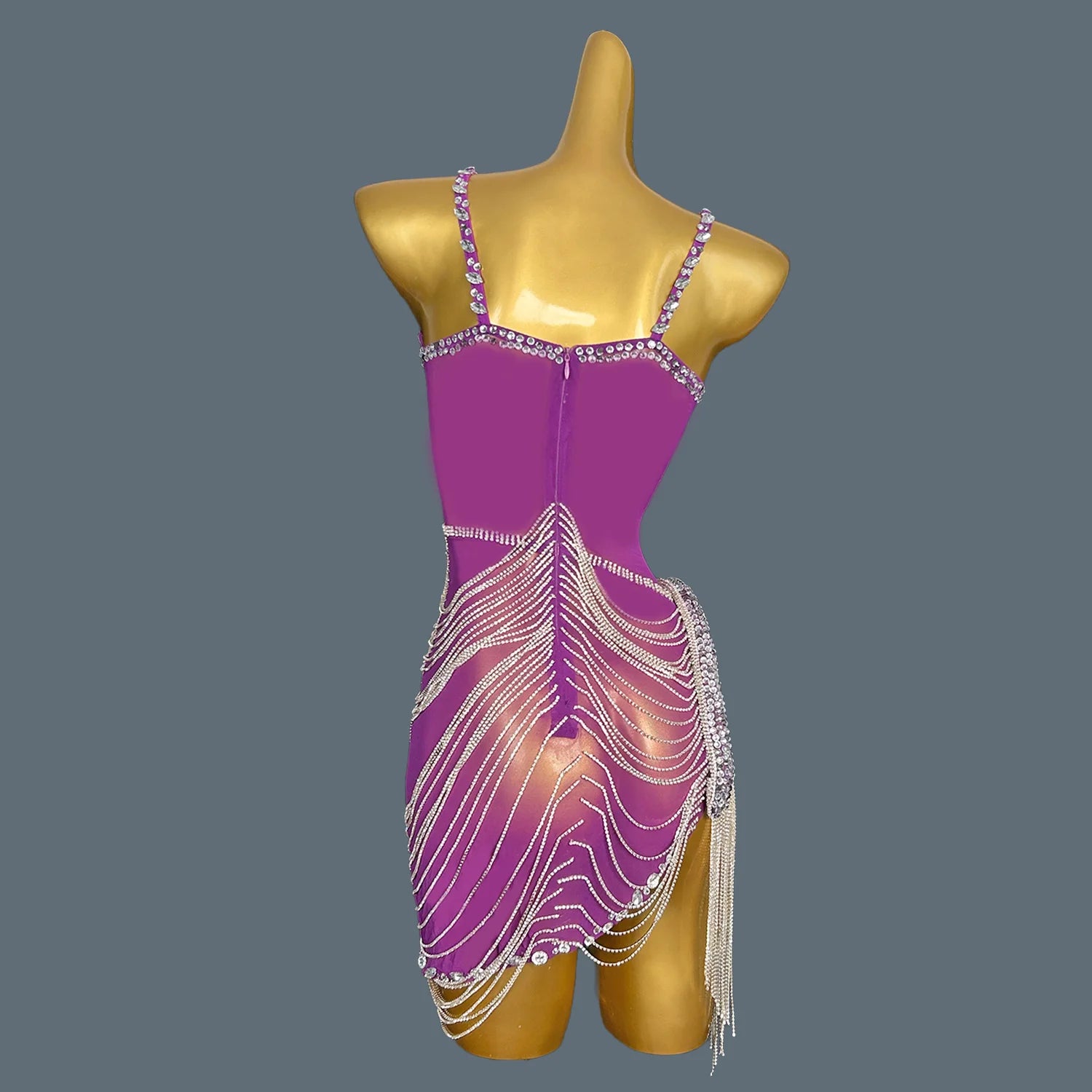 Women Purple Crystal Chain Diamonds Dress Elastic Sexy Mini Night Club Performance Costume Birthday Party Dress Tassel Liehu