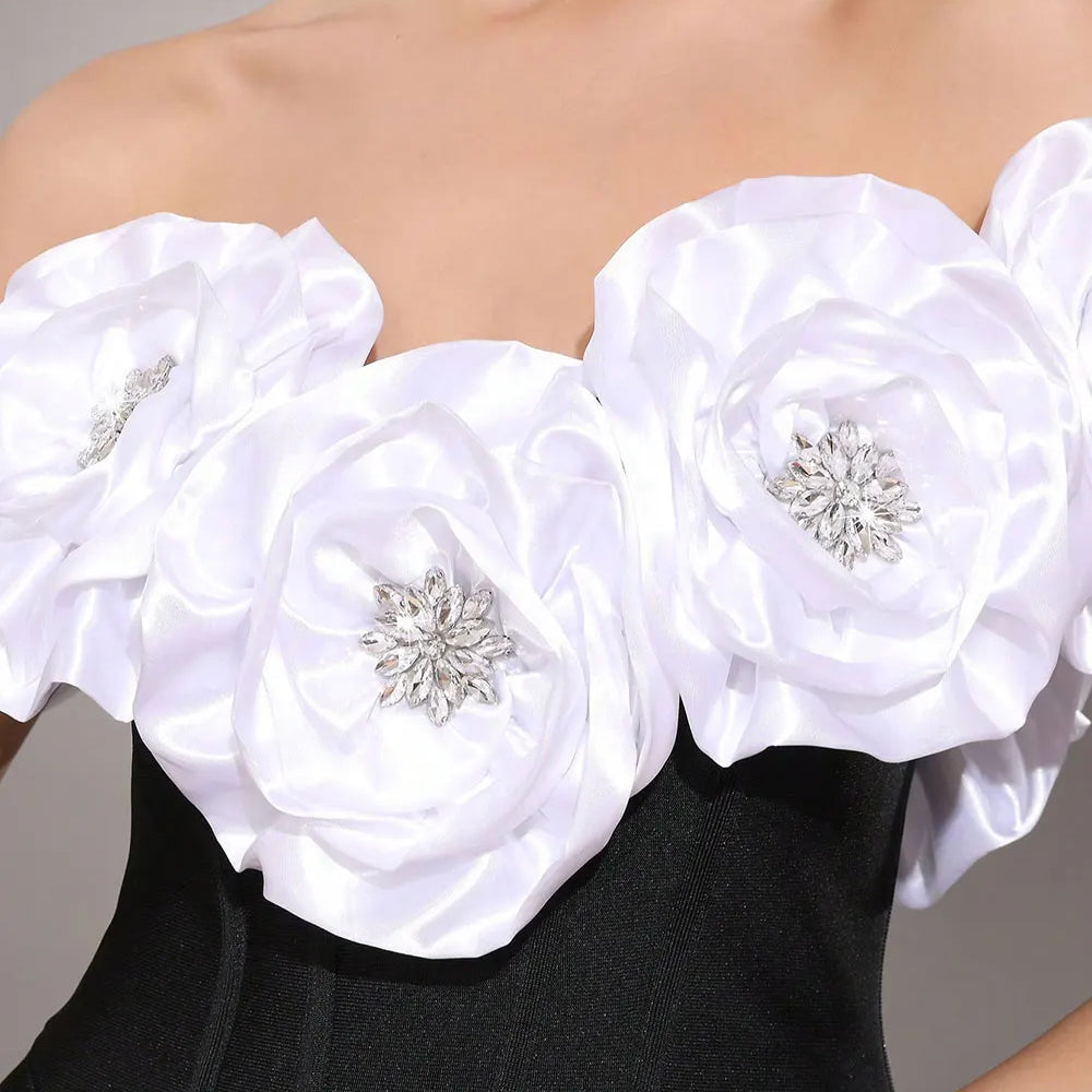 2025 Elegant Women's Light Luxury Flower Design Bandage Dresses One Collar Shoulder Bodycon Bareback Long Dress Party Vestidos