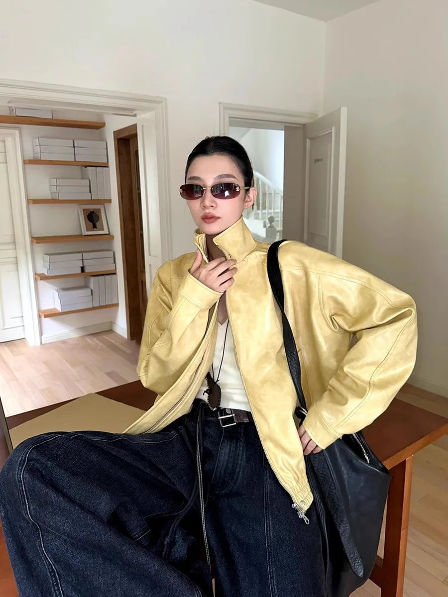 Lautaro Autumn Cool Short Oversized Distressed Yellow Pu Leather Jacket Women Zipper High Quality American Retro Unisex Clothes
