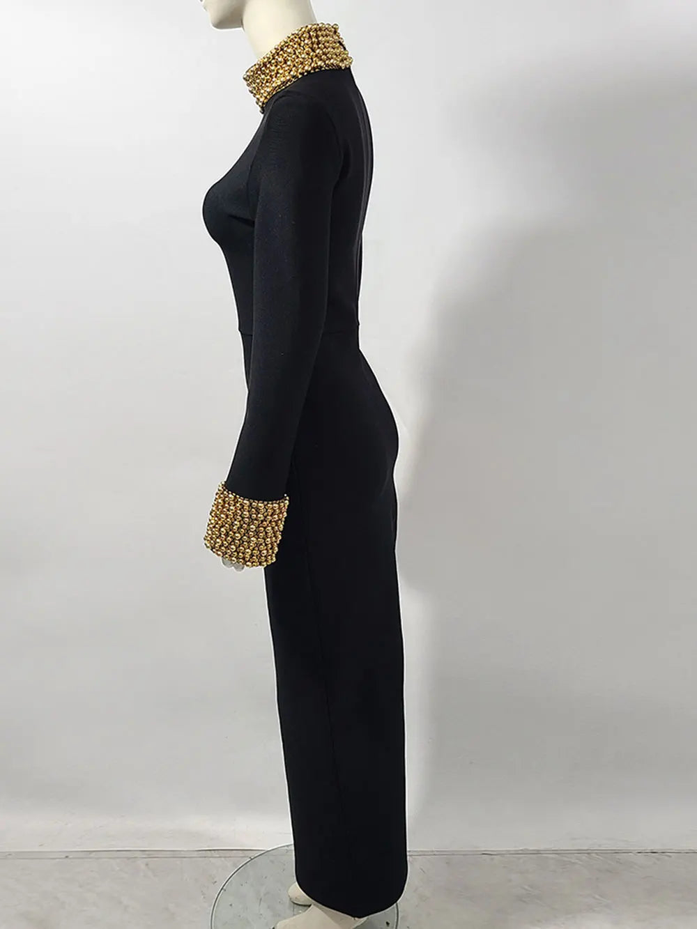 2025 Elegant Women Light Luxury Nail Bead Design Bandage Dress High Collar Long Sleeve Bodycon Long Dress Evening Party Vestidos