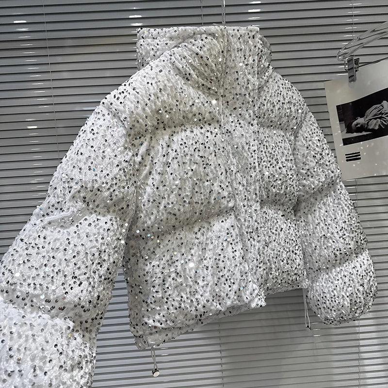 Winter New Trendy Style Silver Sequin Fabric Heavy Industry Hooded Warm Jacket For Women Cotton-padded Coat 11A07657