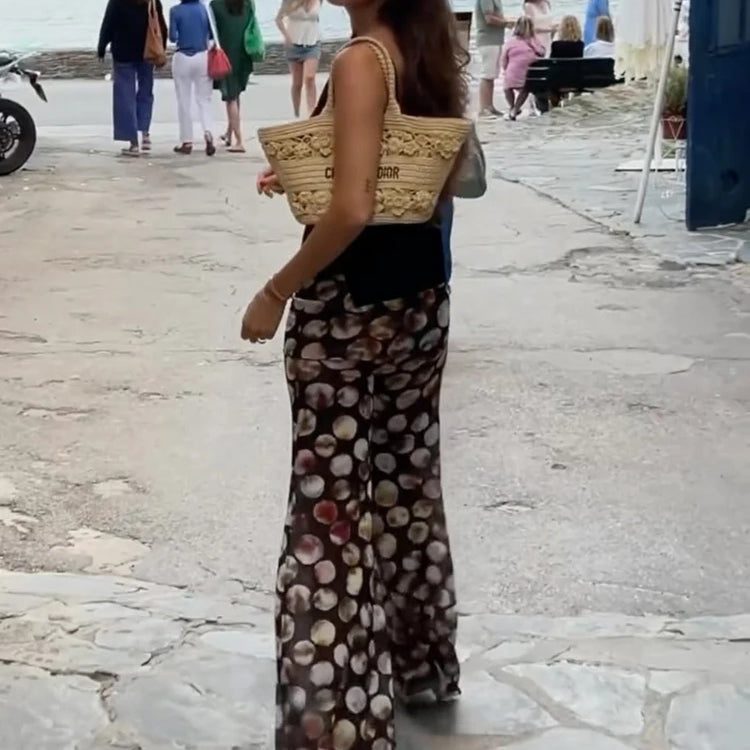 Mozision Mesh Leopard Print Trousers Woman Fashion High Waist Print Wide Leg Pants Female Elegant Printed Long Pants Bottoms