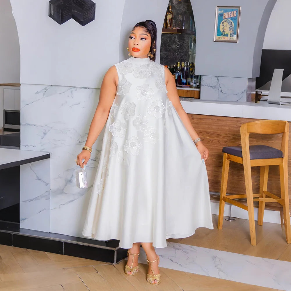 Elegant Women Sleeveless Loose 3D Flower O-neck Dress 2025 Summer Bodycon African Street Midi Maxi Long Dresses Vestidos White