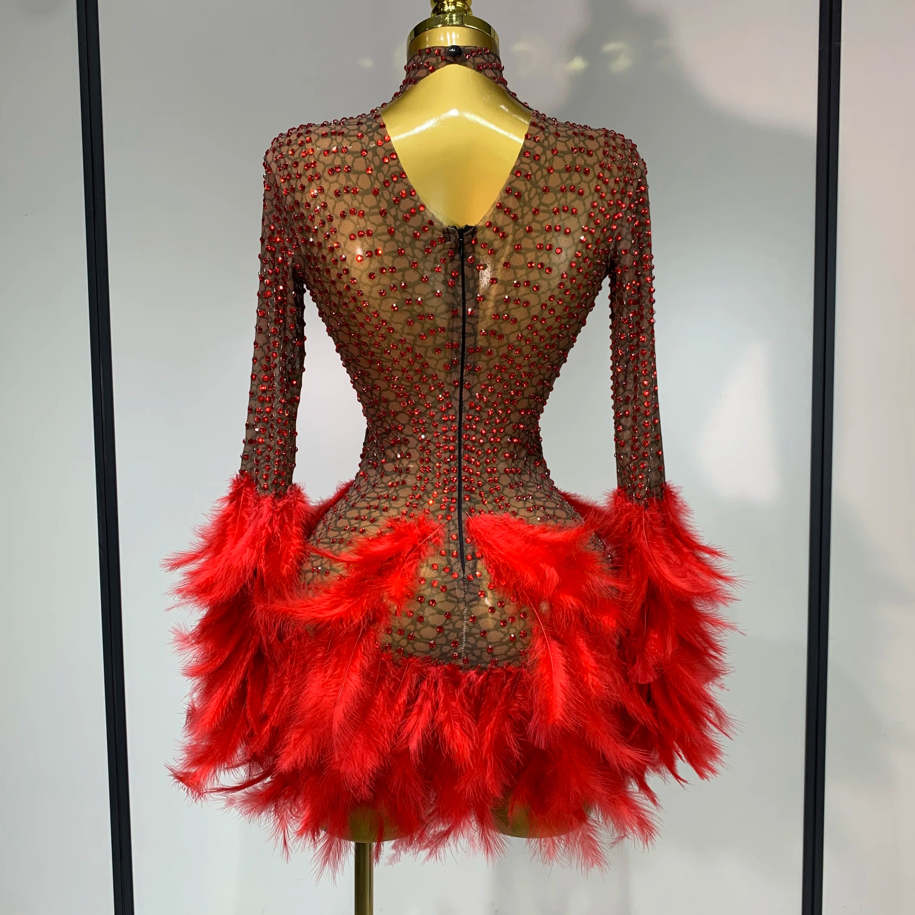 Women Luxury Birthday Dress Rhinestones Mesh Feathers Bodycon Mini Celebrity Evening Club Party Dress Nightclub Stage Outfit