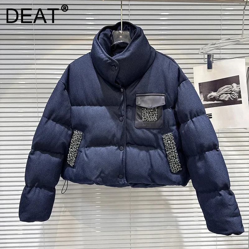 Winter New Fashion Heavy Industry Rhinestone Beaded Stand Collar Warm Jacket For Women Cotton-padded Coat 11A07467