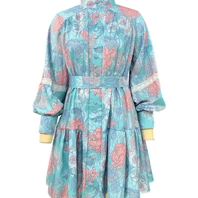 Women Long Sleeve Stand Collar Shirt Dress Spring Autumn Printed Short Dresses Elegant High Waist Party Dresses Vestidos