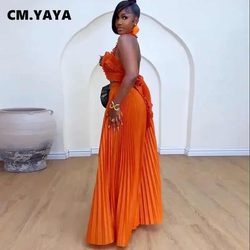 CM.YAYA Streetwear Women's Set Sleeveless Halter Crop Pleated Top+Wide Leg Pants Elegant 2024 Fall Party Two 2-Piece Set Outfits