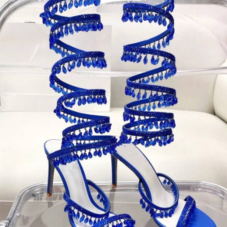 Women's New Rhinestone Sandals Fashion Tassel Crystal Shoes Sexy Nightclub Banquet Party Twining Stiletto Women's Sandals Long blue style