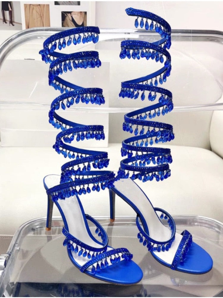 Women's New Rhinestone Sandals Fashion Tassel Crystal Shoes Sexy Nightclub Banquet Party Twining Stiletto Women's Sandals Long blue style
