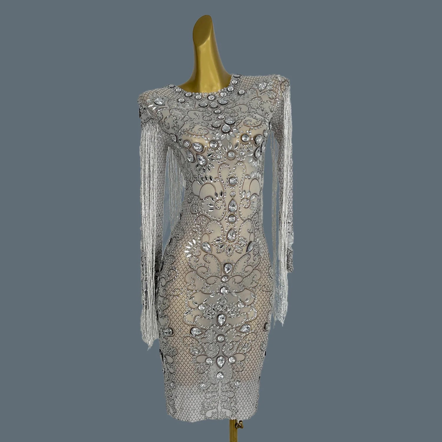 Women Shiny Chain Crystal Diamonds Dress Tassel Elastic Sexy Mini Night Club Performance Costume Birthday Party Dress Hualan WHITE One Size