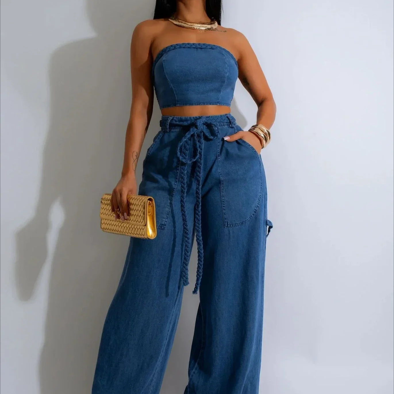 Fashion Denim Women's Set Strapless Crop Top and Wide Leg Jeans Pants Suit 2024 Street Two 2 Piece Sets Outfit Tracksuit Blue