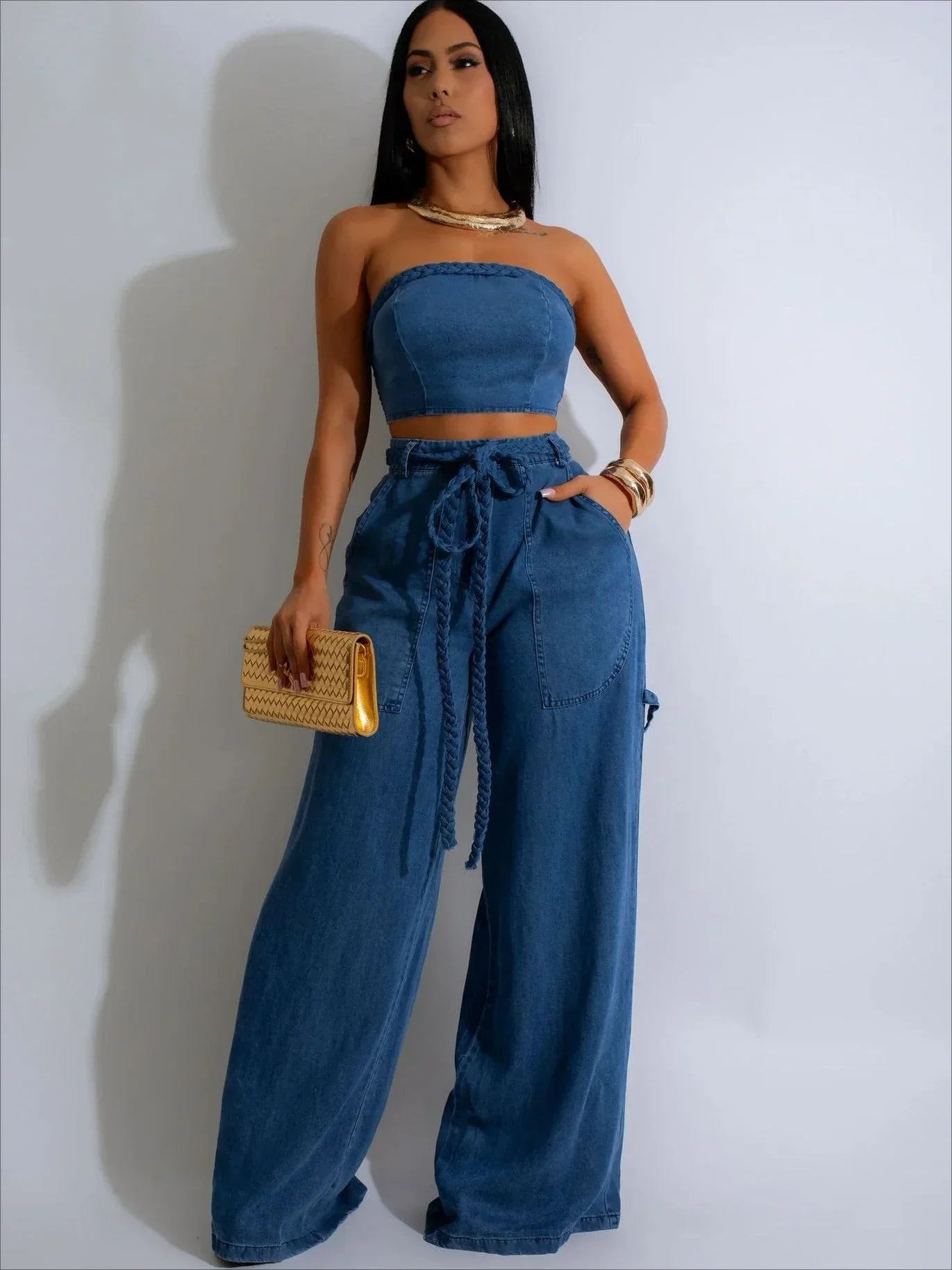 Fashion Denim Women's Set Strapless Crop Top and Wide Leg Jeans Pants Suit 2024 Street Two 2 Piece Sets Outfit Tracksuit Blue