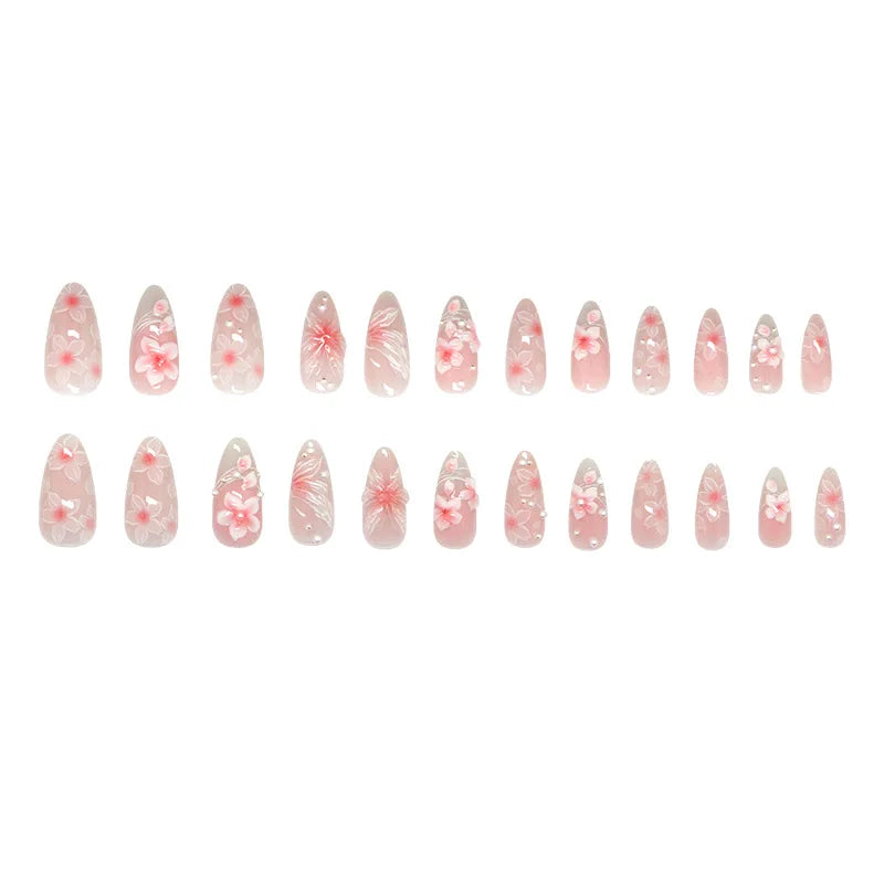 24pcs Pink Flower Press on Nails Ins Sweet Petals Print False Nails for Girl Wearable Reusable Fashion Almond Fake Nail Tips